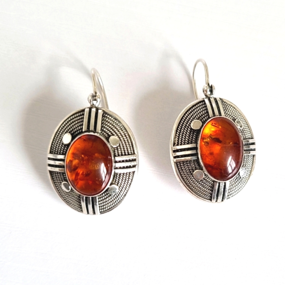 Vintage Chunky Boho Sterling Silver Oval Cabochon Amber Drop Dangle Earrings